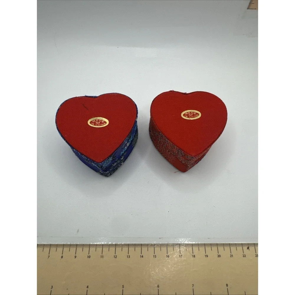 Set Of 2 Asian Ring Jewelry Box Compact Fabric Floral Portable - Heart Shaped